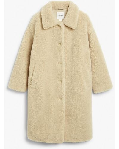 Monki Long Teddy Coat - Natural