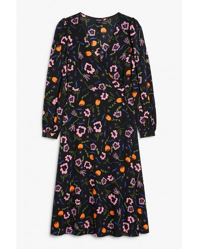 Monki Black Floral Long Sleeve V-neck Dress