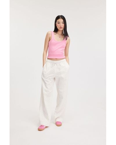 Monki Straight Broderie Anglaise Cotton Trousers - Pink