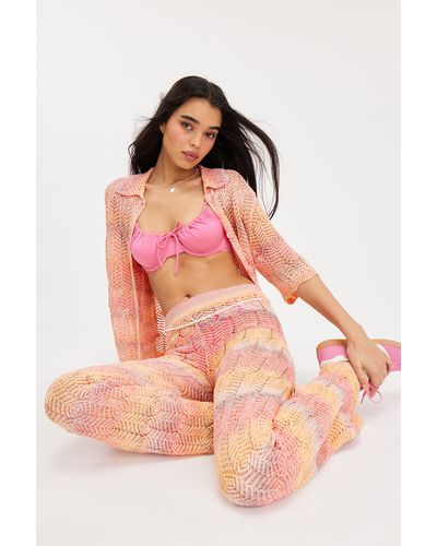 Monki Crochet Short Sleeve Shirt - Pink