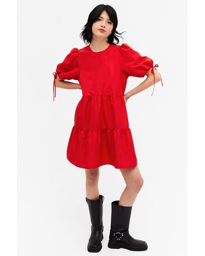 Monki Frilled Puff Sleeve Midi Dress - Red
