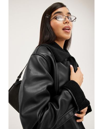 Monki Faux Leather Aviator Jacket - Black