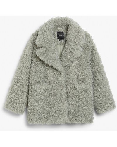 Monki Lapel Collar Faux Fur Jacket - Grey