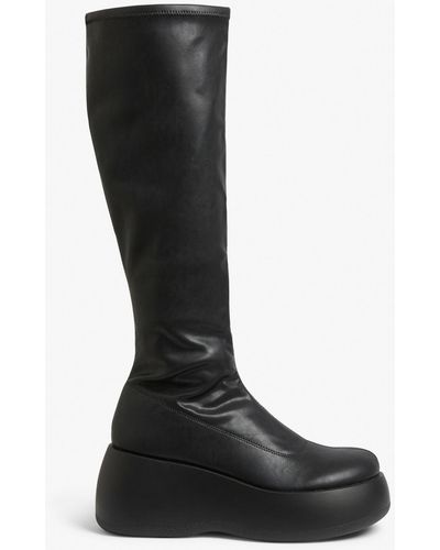 Monki Black Faux Leather Knee High Platform Boots