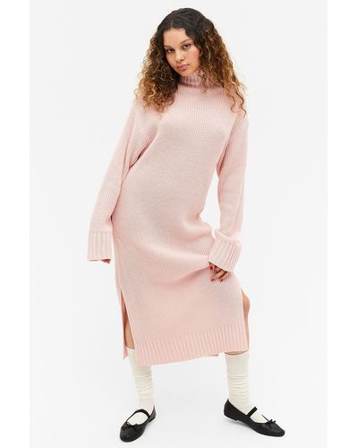 Monki Long Sleeved Rib Knit Midi Dress - Pink