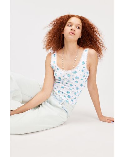 Monki Laced Fitted Pointelle Tank Top - White