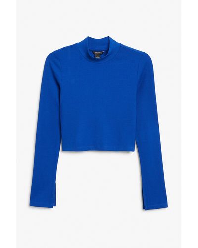 Monki Ribbed Blue Long Sleeve Cropped Top
