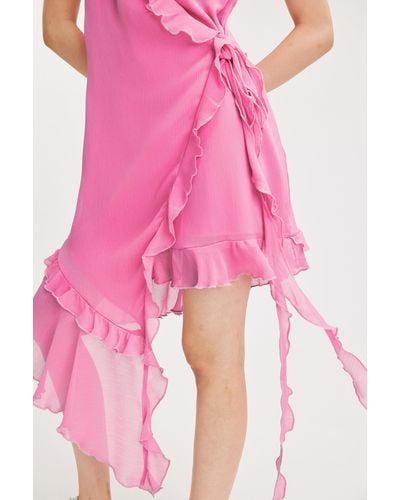 Monki Asymmetric Ruffled Wrap Dress - Pink