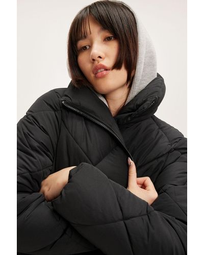 Monki Black Oversized Quilted High Collar Puffer Coat