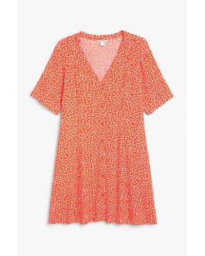 Monki Bright Orange Floral Mini V-neck Dress