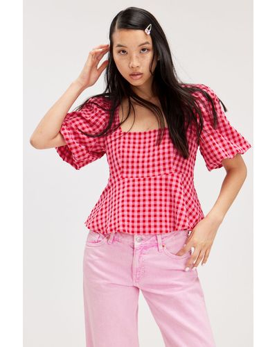 Monki Puffy Scoop Neck Peplum Blouse - Pink