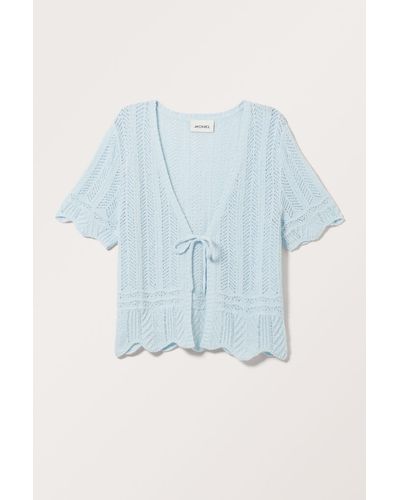 Monki Cropped Knitted V-neck Tie Cardigan - Blue