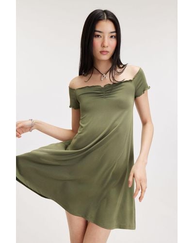 Monki Gathered Off-shoulder Mini Dress - Green