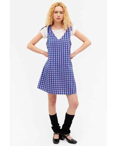 Monki Pinafore Seersucker Mini Dress - Blue