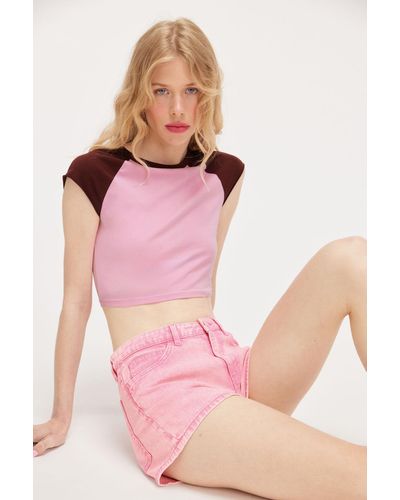 Monki Short Sleeve Raglan Crop Top - Pink