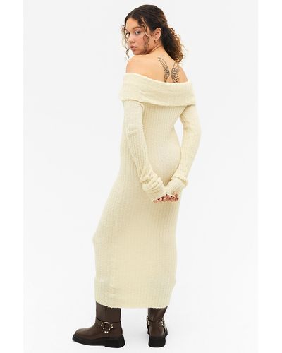 Monki Fluffy Knit Long Sleeve Dress - Natural