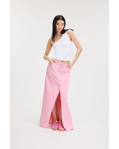 Monki Slitted Maxi Denim Skirt - Pink