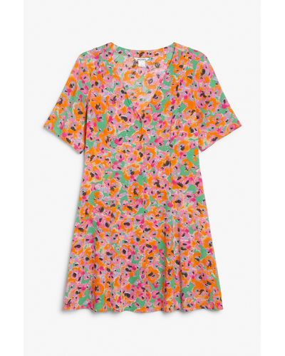 Monki Abstract Floral Mini V-neck Dress - Red