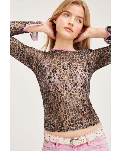 Monki Printed Lace Long Sleeve Top - Natural