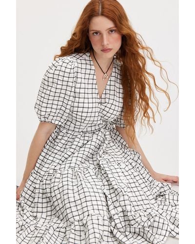 Monki White Grid Pattern Prairie Midi Dress - Multicolour
