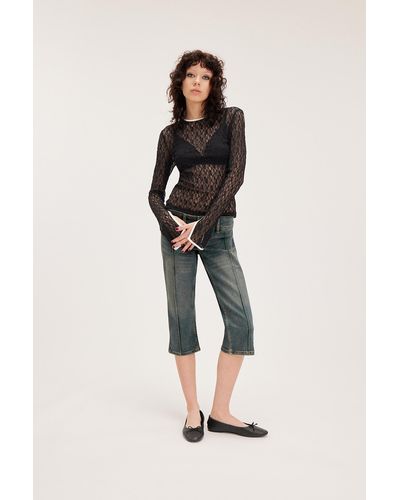 Monki Contrast Lace Long Sleeve Top - Natural