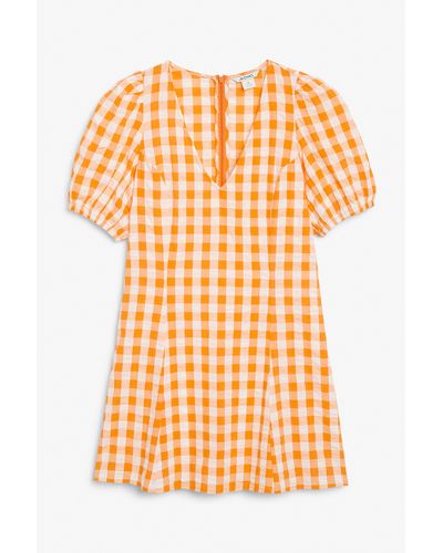 Monki Orange Gingham Puff Sleeve Dress