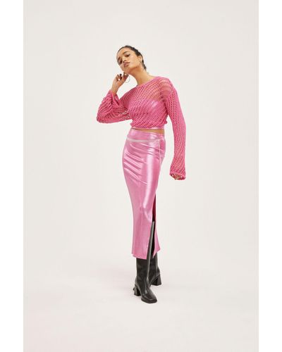 Monki Shiny Ribbed Maxi Skirt - Pink