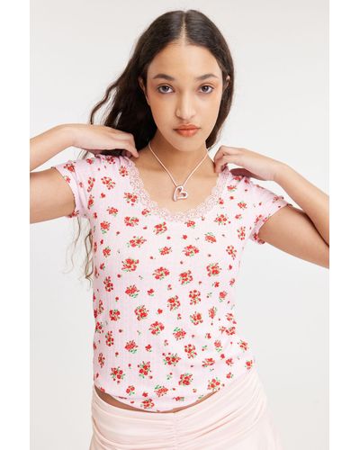Monki Fitted Short Sleeve Pointelle Top - Pink