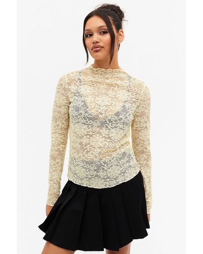 Monki Long Sleeved Sheer Lace Top - White