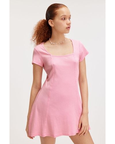 Monki Rib Square Neck Tee Dress - Pink