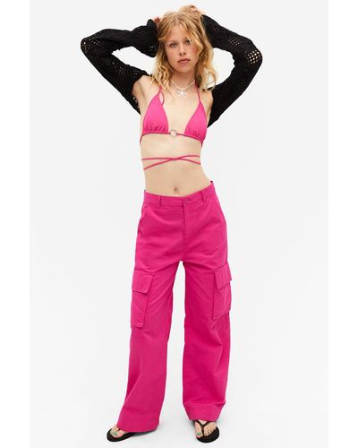 Monki Cargo Trousers Low Waist Loose Fit Cotton - Pink