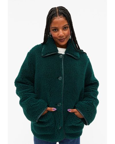 Monki Teddy Faux Fur Jacket - Green