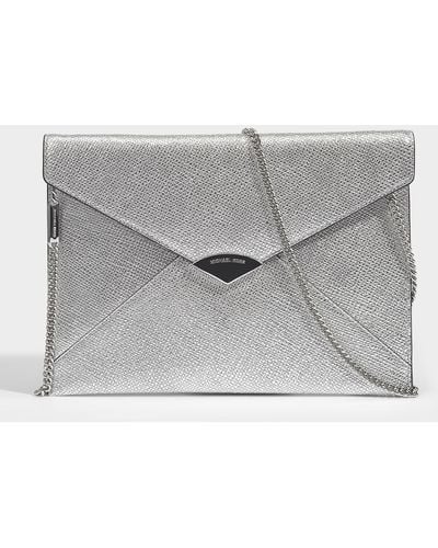 MICHAEL Michael Kors Barbara Large Soft Envelope Clutch In Silver Metallic Calfskin - Gray