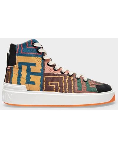 Balmain B Court High Top-canvas Printed Tapestry Multicolore Sneakers - Blue