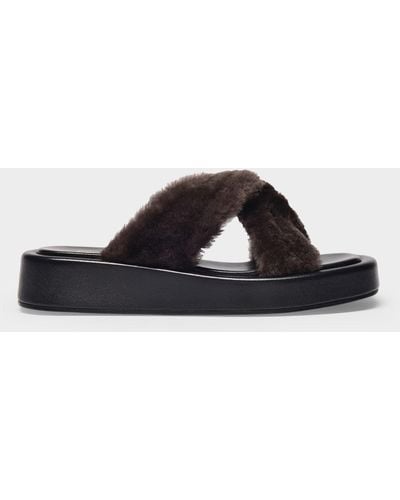 Elleme Tresse Shearling Platform Sandals - Black