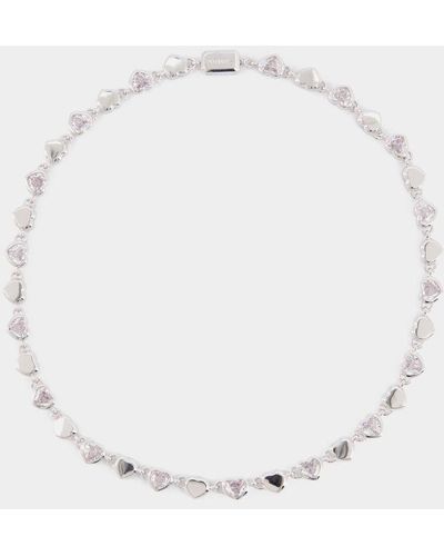 NUMBERING Rhodium Plated Heart Stone Necklace, White