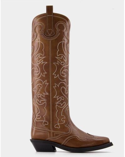 Ganni Embroidered Western Boots - Brown