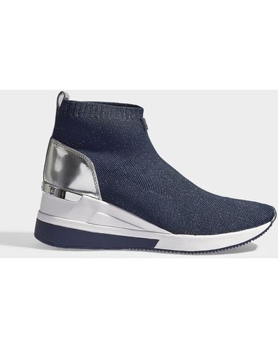 MICHAEL Michael Kors Skyler Bootie Sneakers In White And Blue Stretchy Stitch And Nappa Leather