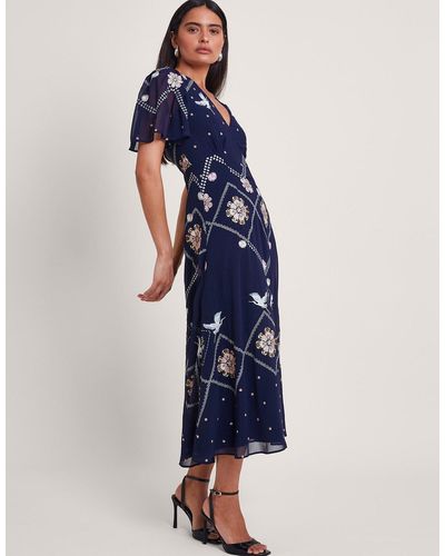 Monsoon Neela Embroidered Tea Dress Blue