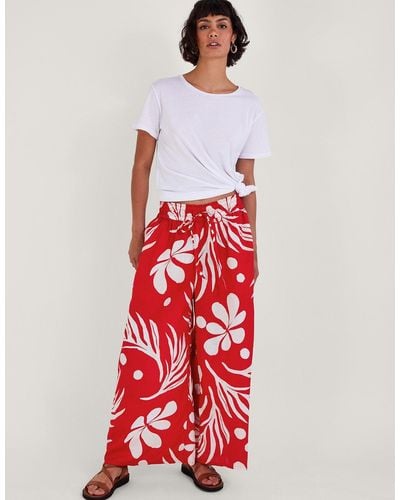 Monsoon Wide Leg Palm Print Trousers Red