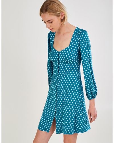 Monsoon Geometric Print Babydoll Short Jersey Dress Blue