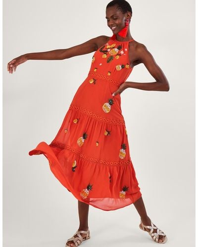 Monsoon Isabel Embellished Tiered Midi Dress In Recycled Polyester Orange