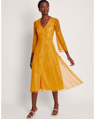 Monsoon Alba Embroidered Tea Dress Yellow