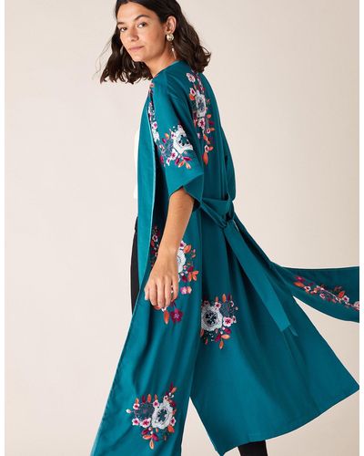 Monsoon Lucia Floral Sequin Kimono Teal - Blue