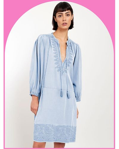 Monsoon East Embroidered Long Sleeve Dress Blue