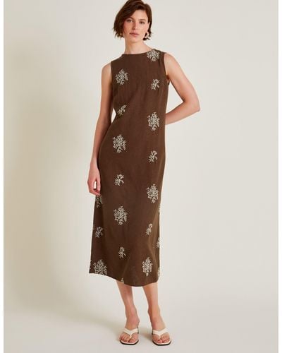Monsoon Aria Embroidered Linen Blend Dress Brown