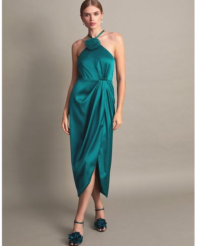 Monsoon Sabrina Corsage Halterneck Dress Teal - Blue