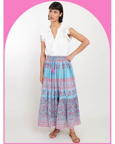 Monsoon East Print Tie Maxi Skirt Blue - Pink