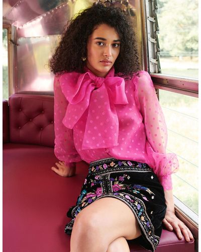 Monsoon Freya Embroidered Velvet Skirt Black - Pink
