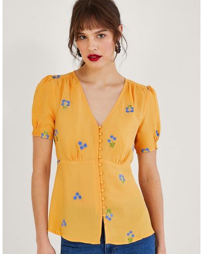 Monsoon Ollie Embroidered Tea Top In Sustainable Viscose Yellow